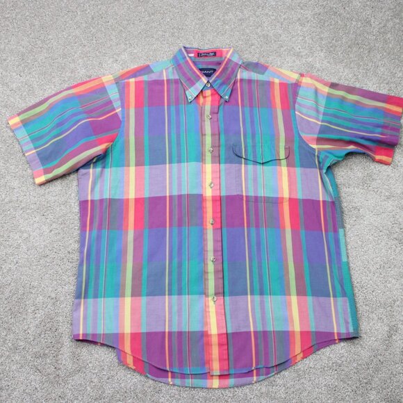 GANT Foxhunt Plaid Shirt Mens Large Pink/Blue/Yellow Cotton/Poly Short Sleeve - Picture 2 of 13